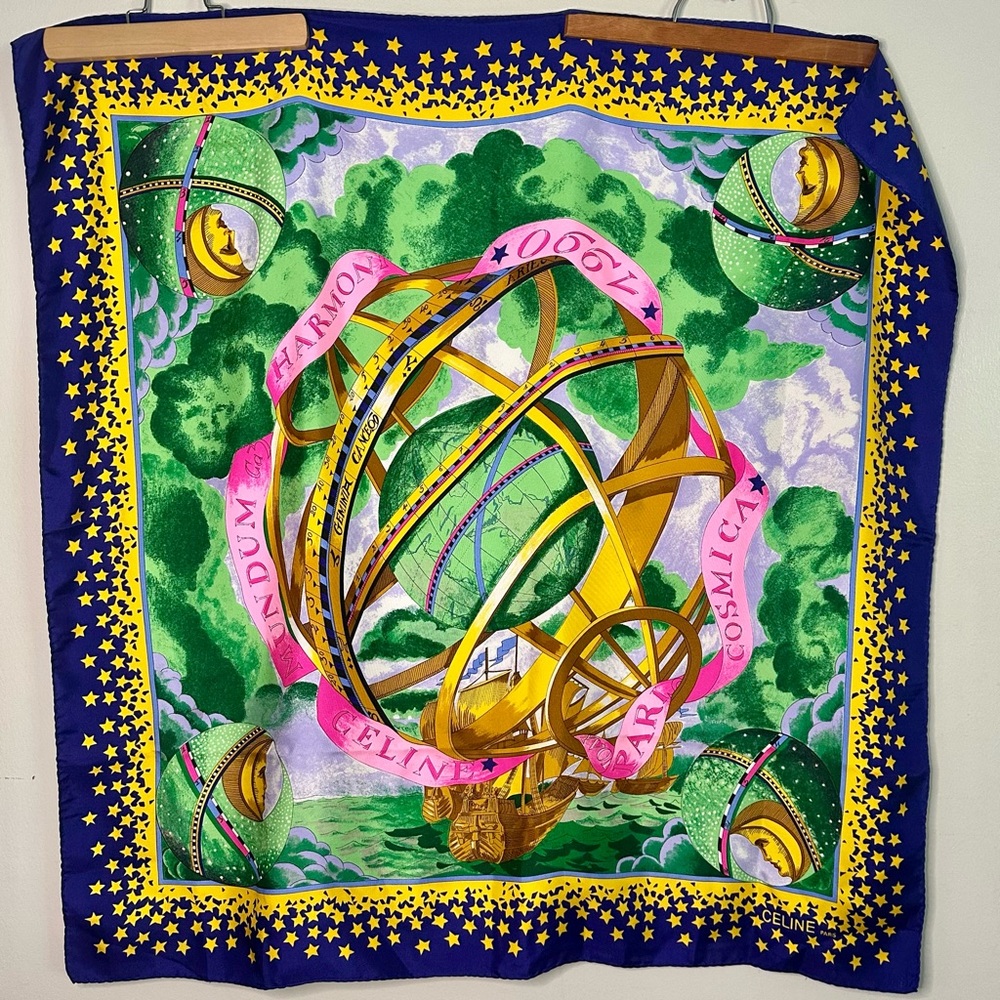 🥂SOLD🥂1990 CELINE PARIS Vintage Silk Bright Celestial Square Scarf - Picture 1 of 11